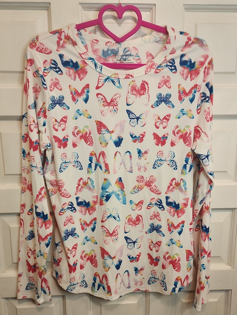 Womens Long Sleeve Butterfly Knit Top - White with Pink & Blue Butterflies